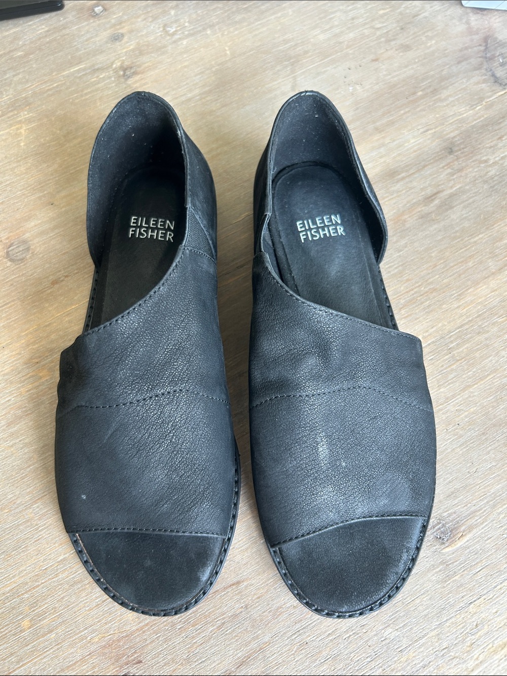 Eileen Fisher Black Leather Slip-On Open Toe Flats Loafers Comfort Shoes Size 6